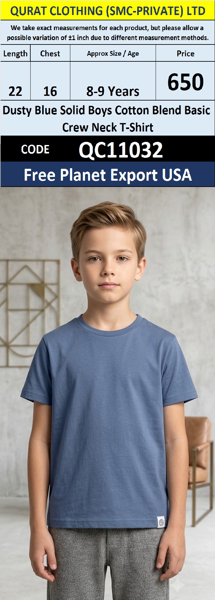 Dusty Blue Solid Boys Cotton Blend Basic Crew Neck T-Shirt – QC11032 – Free Planet Export USA
