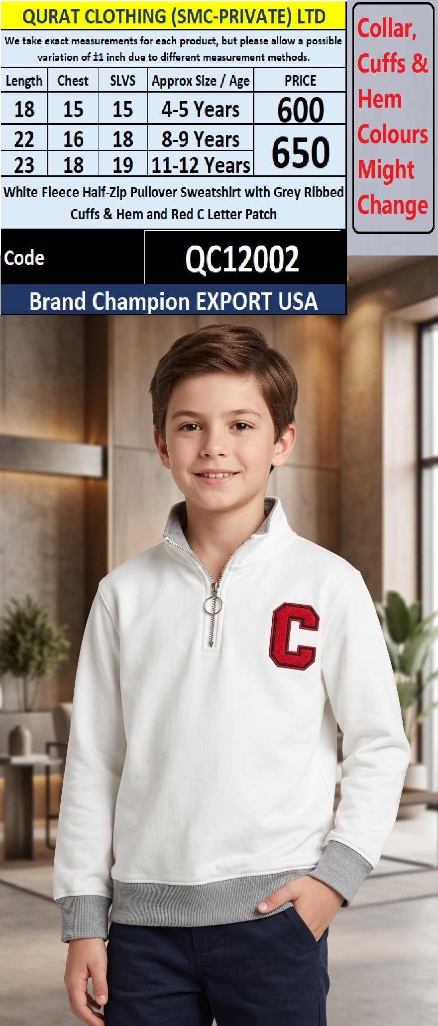 White Fleece Half-Zip Pullover Sweatshirt with Grey Ribbed Cuffs & Hem and Red C Letter Patch – Champion Export USA – QC12002