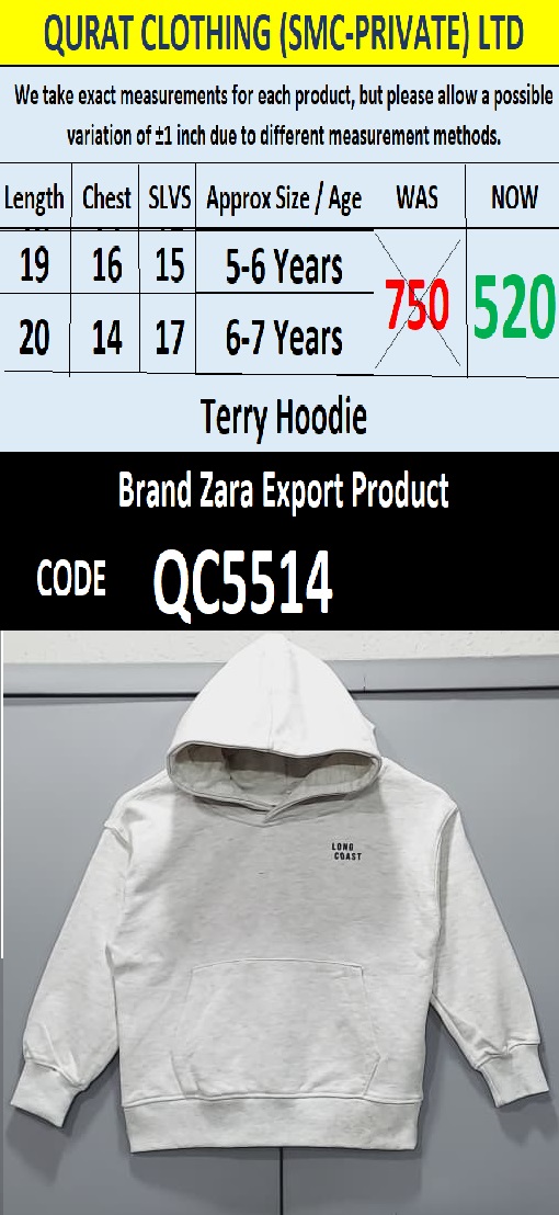 ZARA Brand Terry Hoodie Export Product - QC5514
