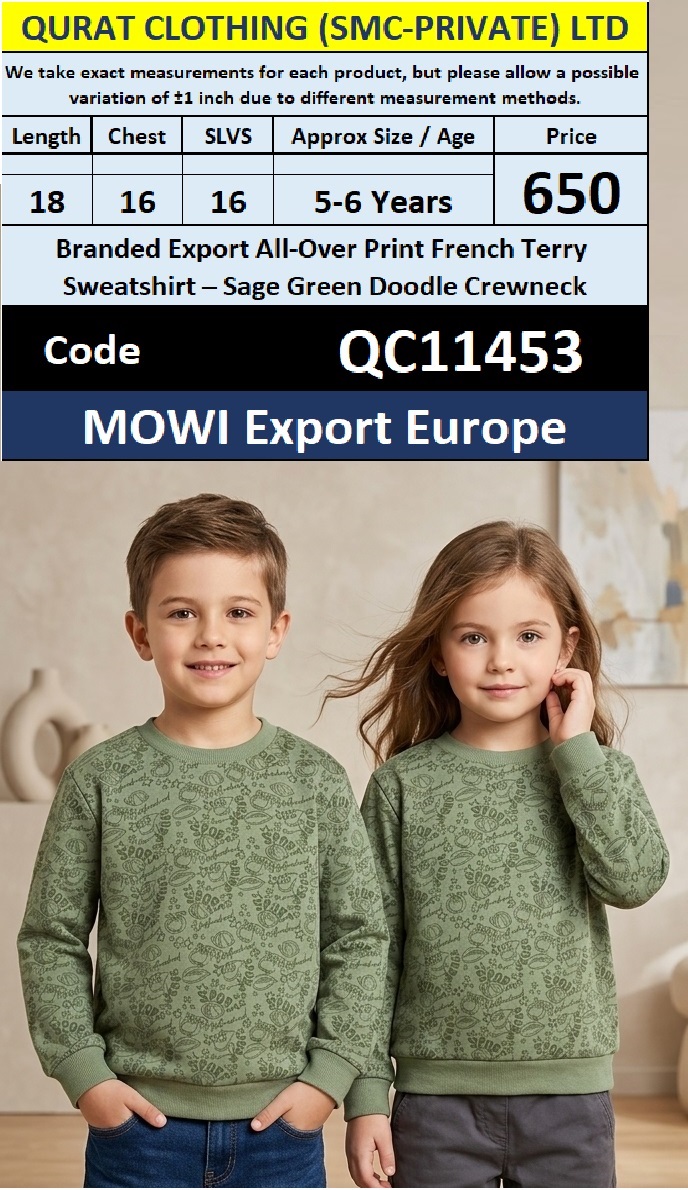 QC11453 – Branded Export Sage Green Doodle All-Over Print French Terry Crewneck Sweatshirt – MOWI Export Europe