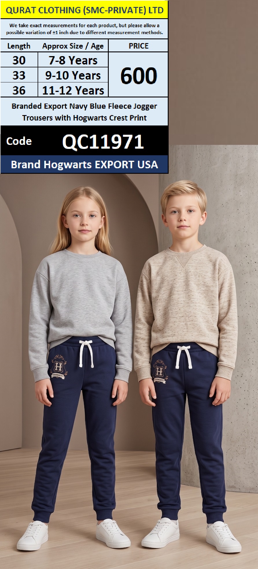 Branded Export Navy Blue Fleece Jogger Trousers with Hogwarts Crest Print EXPORT USA - QC11971