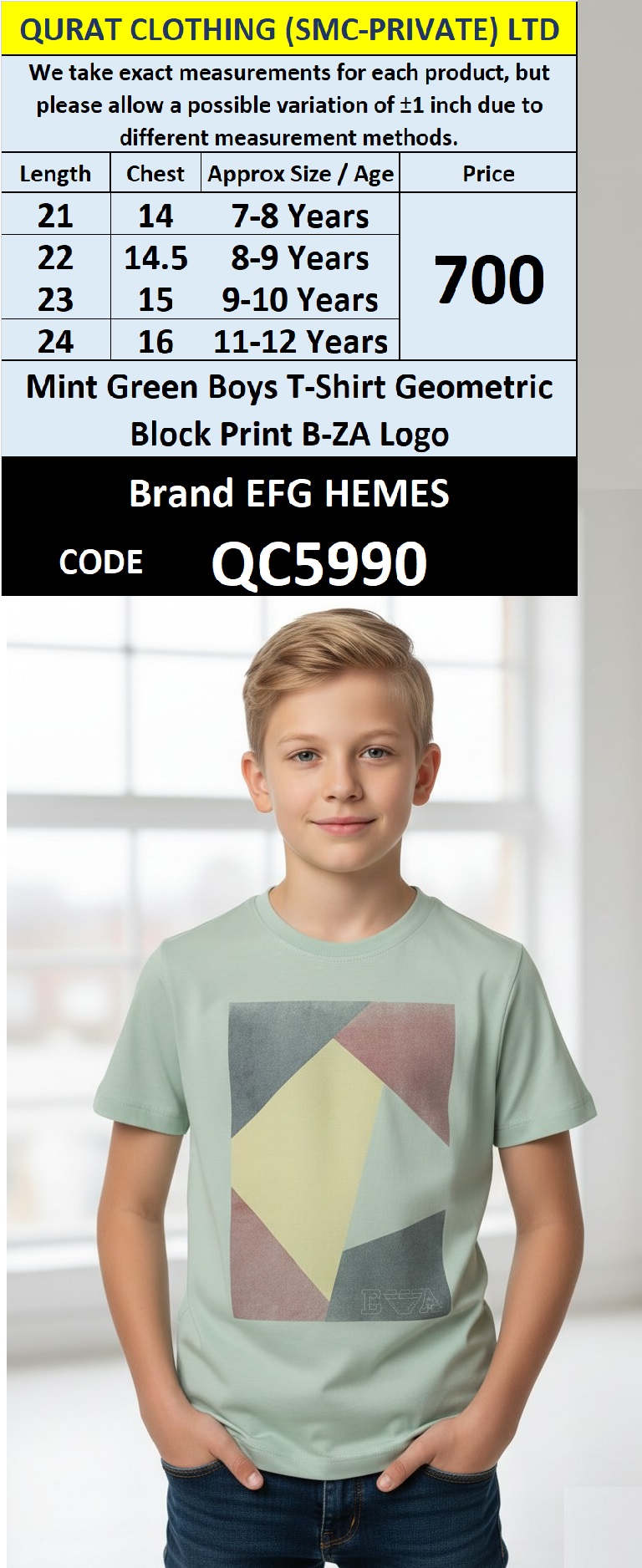 Mint Green Cotton-Blend T-Shirt Geometric Block Print B-ZA Logo Graphic – Kids Tee – QC5990