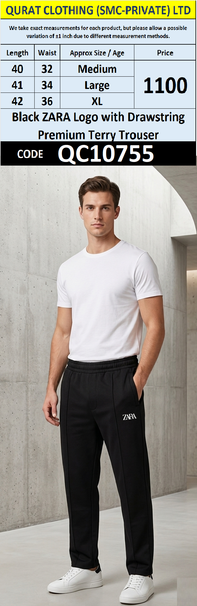 Black ZARA Logo with Drawstring Premium Terry Trouser QC10755