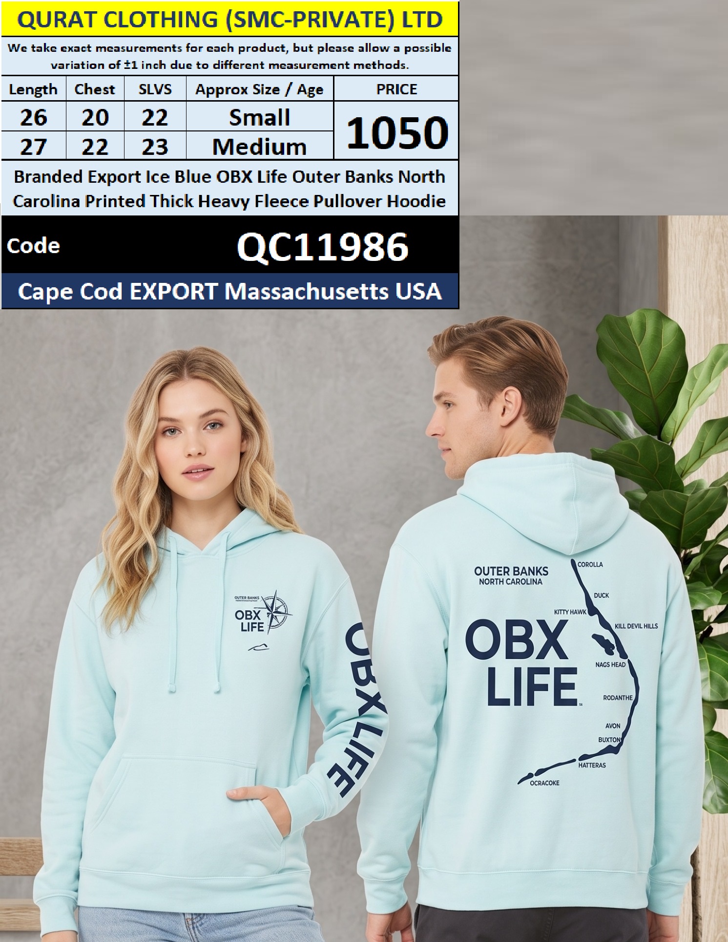 Cape Cod Export Massachusetts USA — Branded Export Ice Blue OBX Life Outer Banks North Carolina Printed Thick Heavy Fleece Pullover Hoodie — QC11986