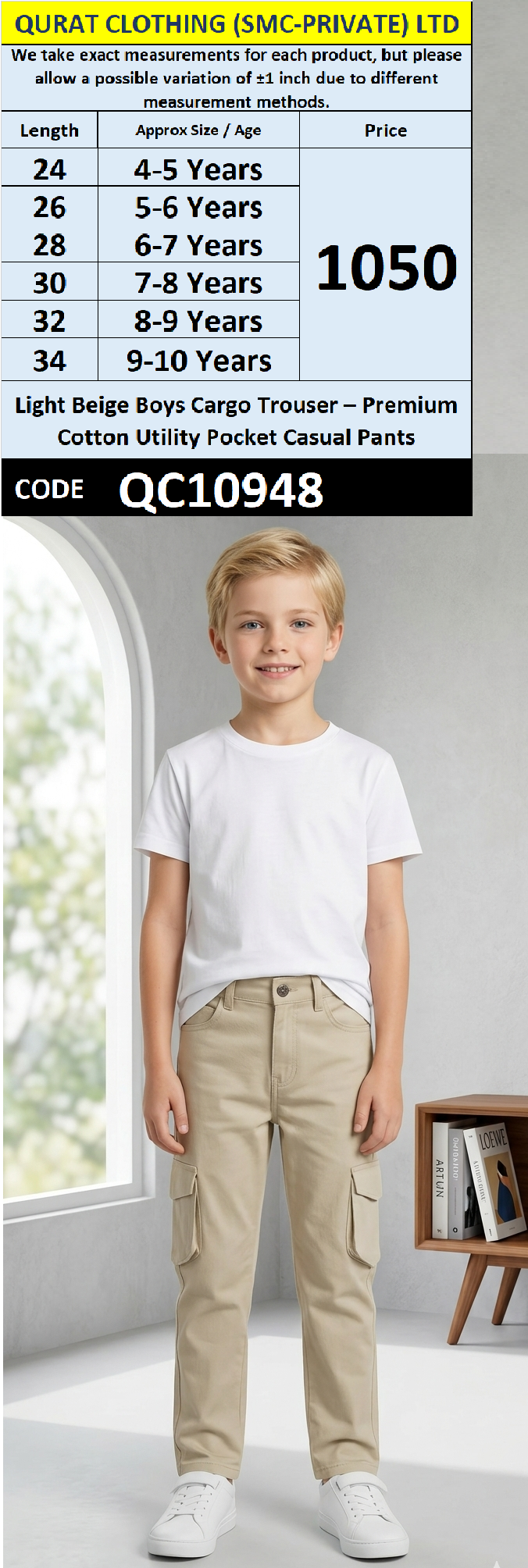 Light Beige Boys Cargo Trouser – Premium Cotton Utility Pocket Casual Pants – QC10948