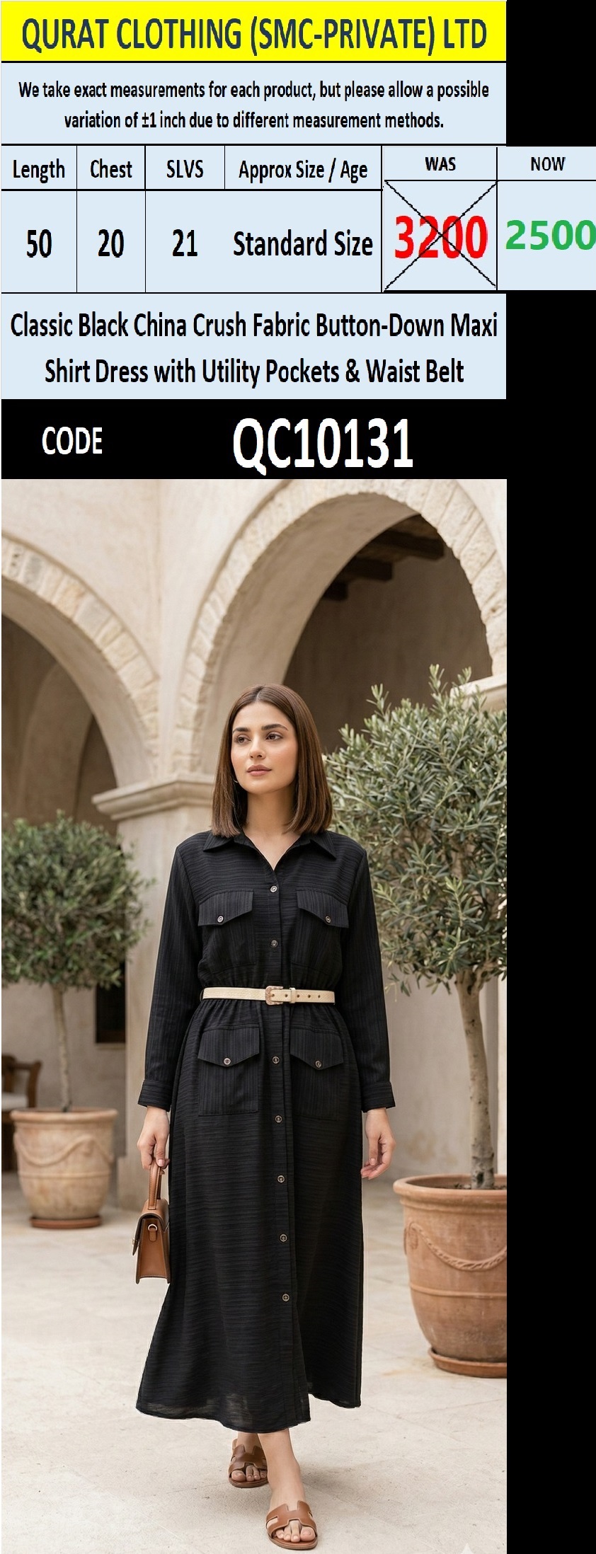 Classic Black China Crush Fabric Button-Down Maxi Shirt Dress with Utility Pockets & Waist Belt – QC10131 - QC10131