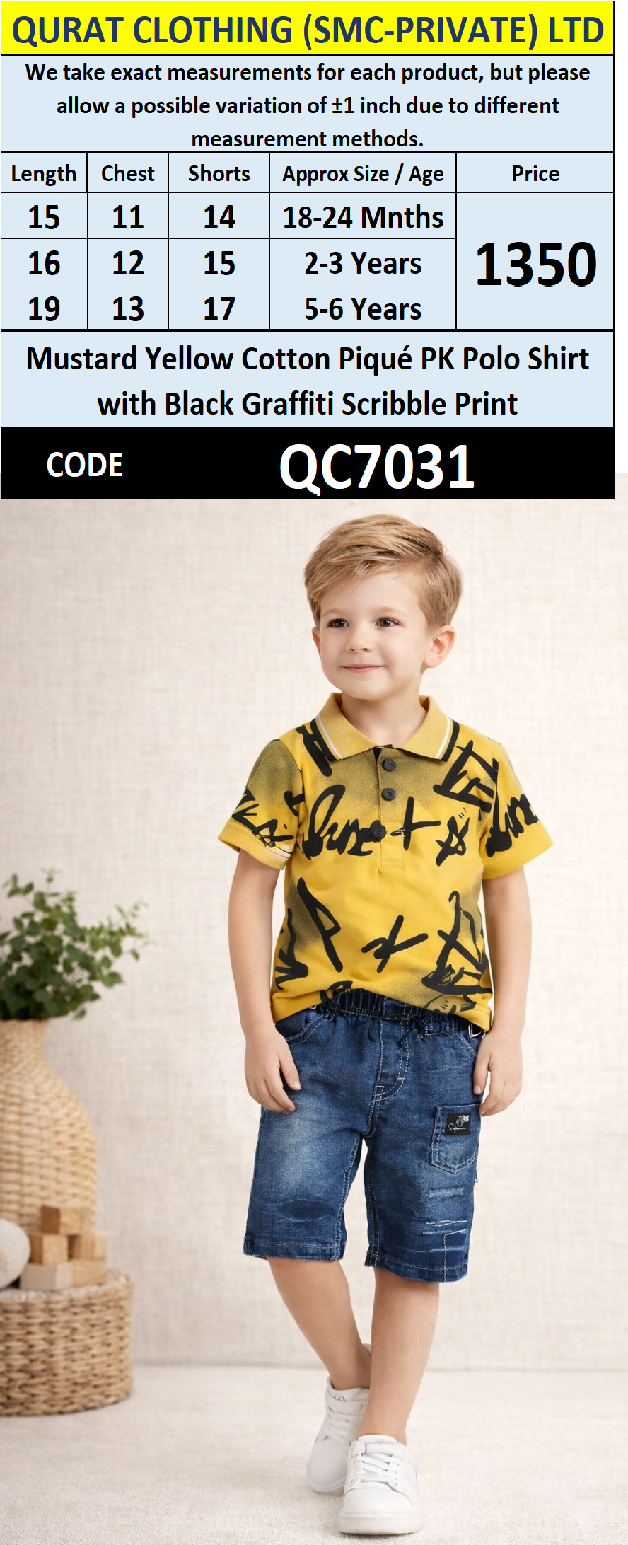 Mustard Yellow Cotton Piqué PK Polo Shirt with Black Graffiti Scribble Print & Denim Shorts Boys Summer Set QC7031