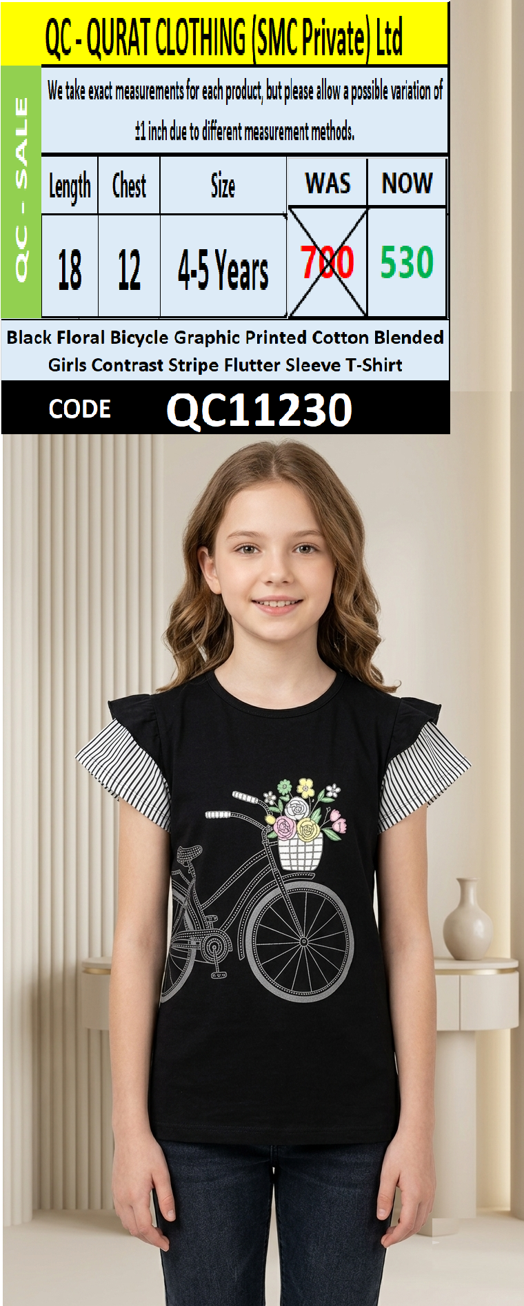 Black Floral Bicycle Graphic Printed Cotton Blended Girls Contrast Stripe Flutter Sleeve T-Shirt QC11230