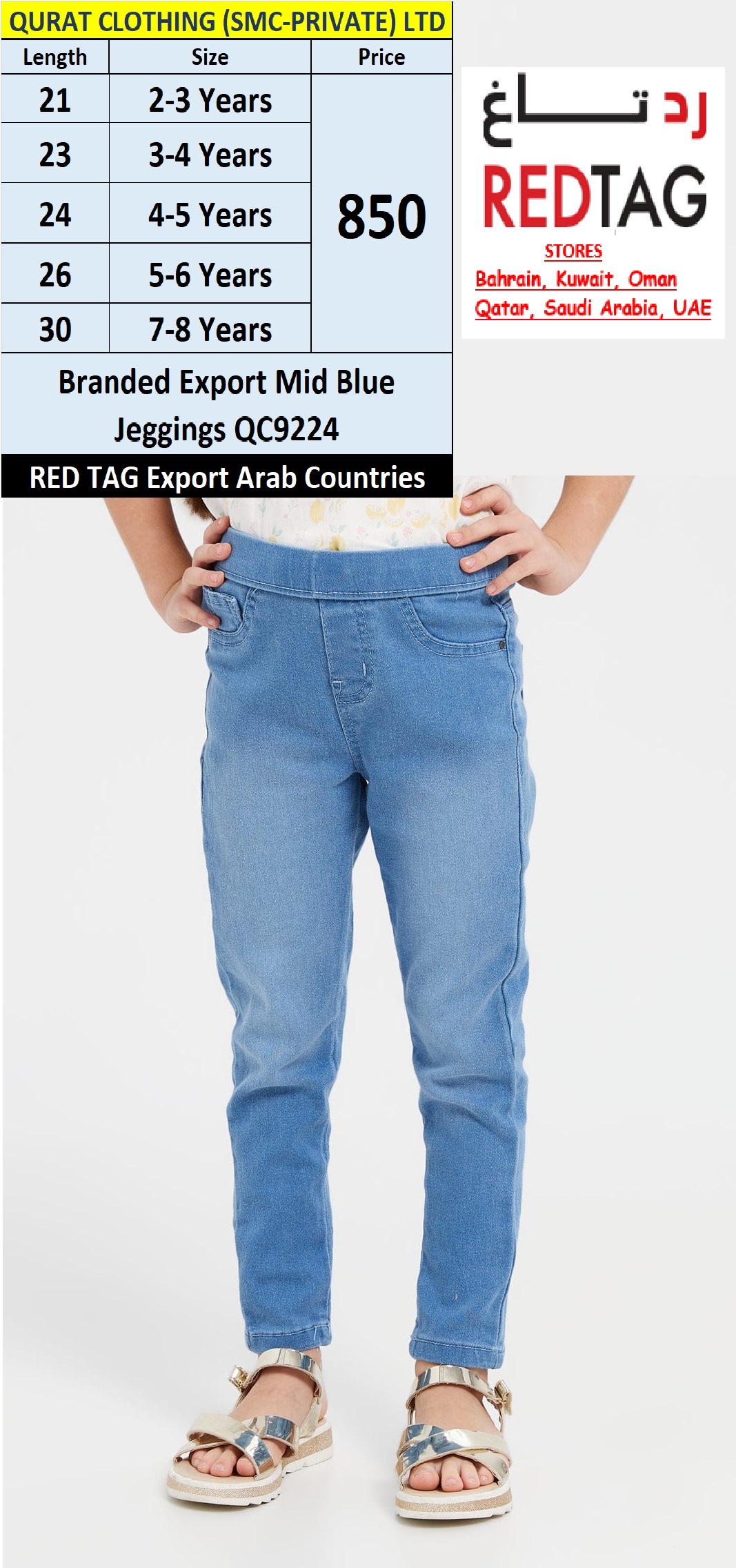 RED TAG Fashion Branded Mid Blue Jeggings Pant QC9224 Export Arab Countries