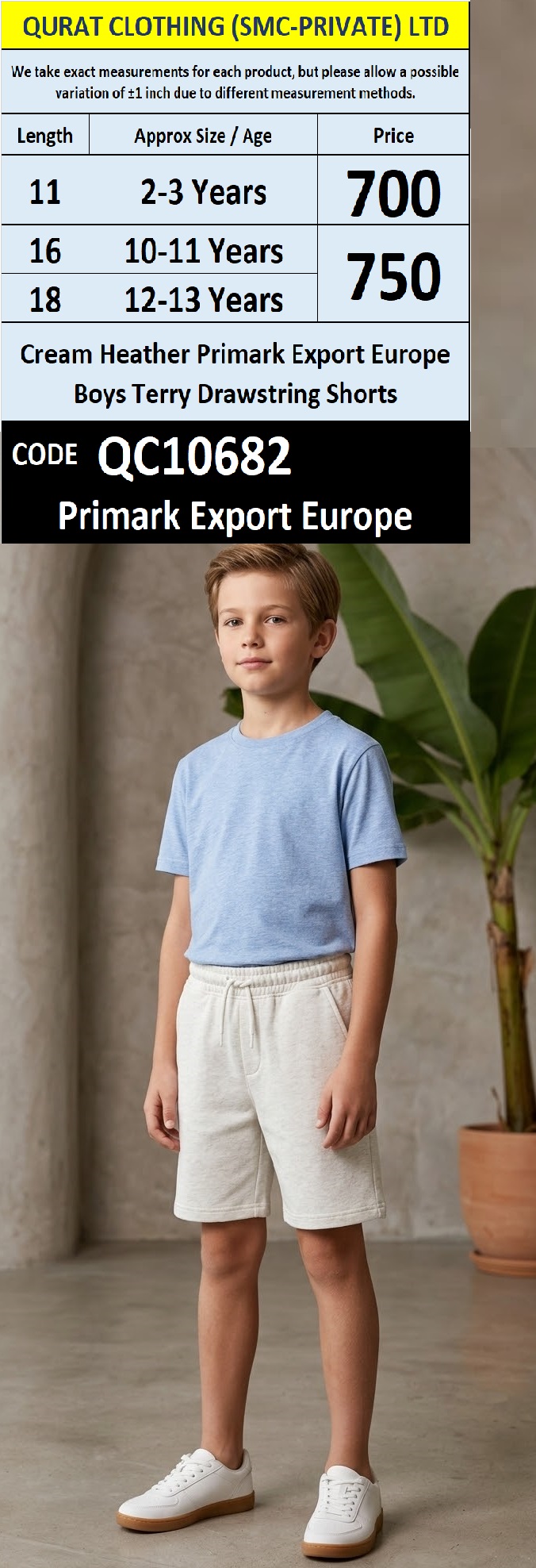 Cream Heather Primark Export Europe Boys Terry Drawstring Shorts QC10682 - QC10682