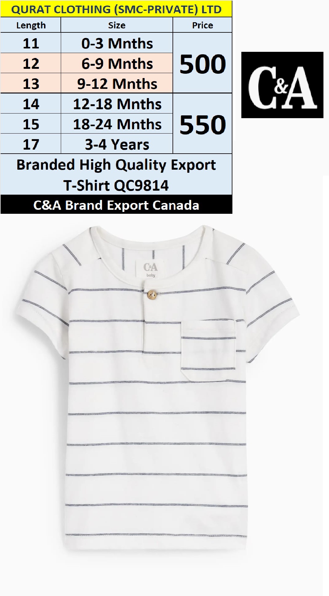 C&A Brand High-Quality White T-Shirt QC9814 Export Canada