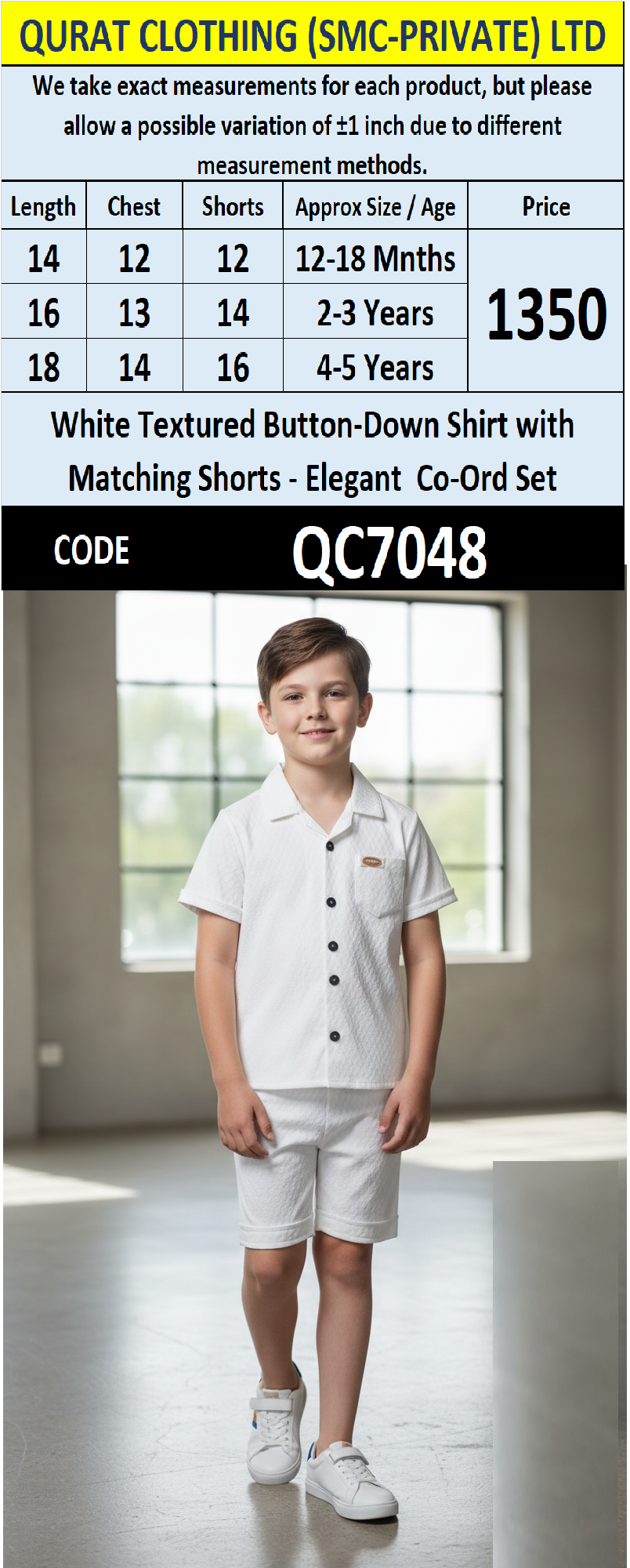 White Textured Button-Down Shirt with Matching Shorts Elegant Co-Ord Set for Boys QC7048