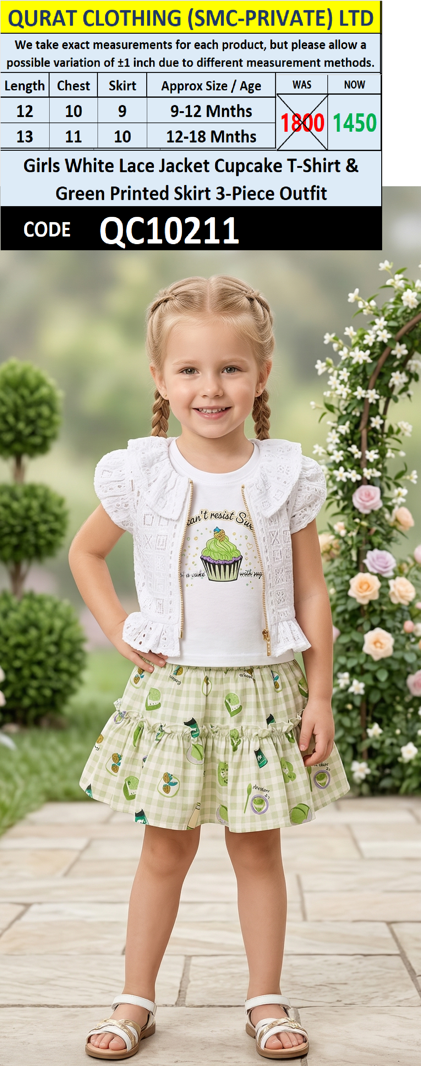 Girls White Lace Jacket Cupcake T-Shirt & Green Printed Skirt 3-Piece Outfit – QC10211 - QC10211