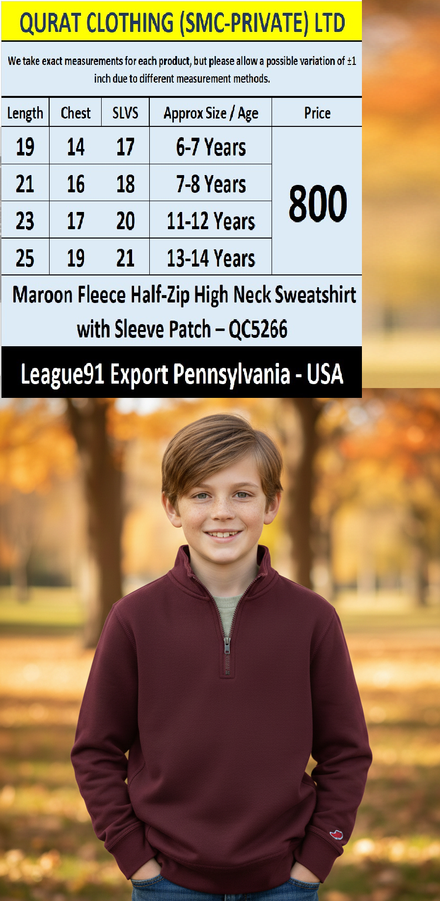 League91 Maroon Fleece Half-Zip High Neck Sweatshirt with Sleeve Patch – QC5266 – Export USA