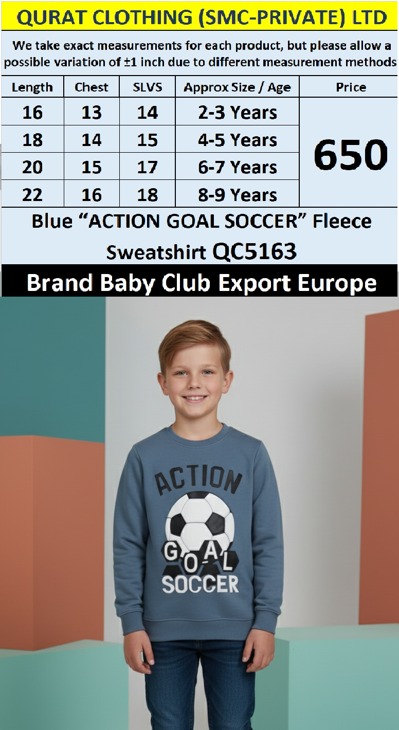 Baby Club Brand Blue “ACTION GOAL SOCCER” Fleece Sweatshirt QC5163