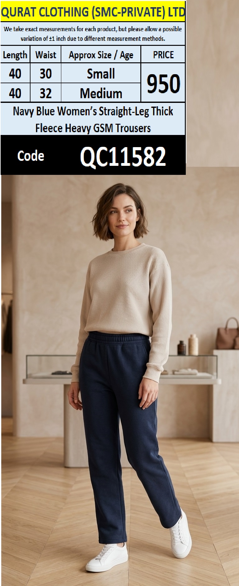 Navy Blue Women’s Straight-Leg Thick Fleece Heavy GSM Trousers – QC11582