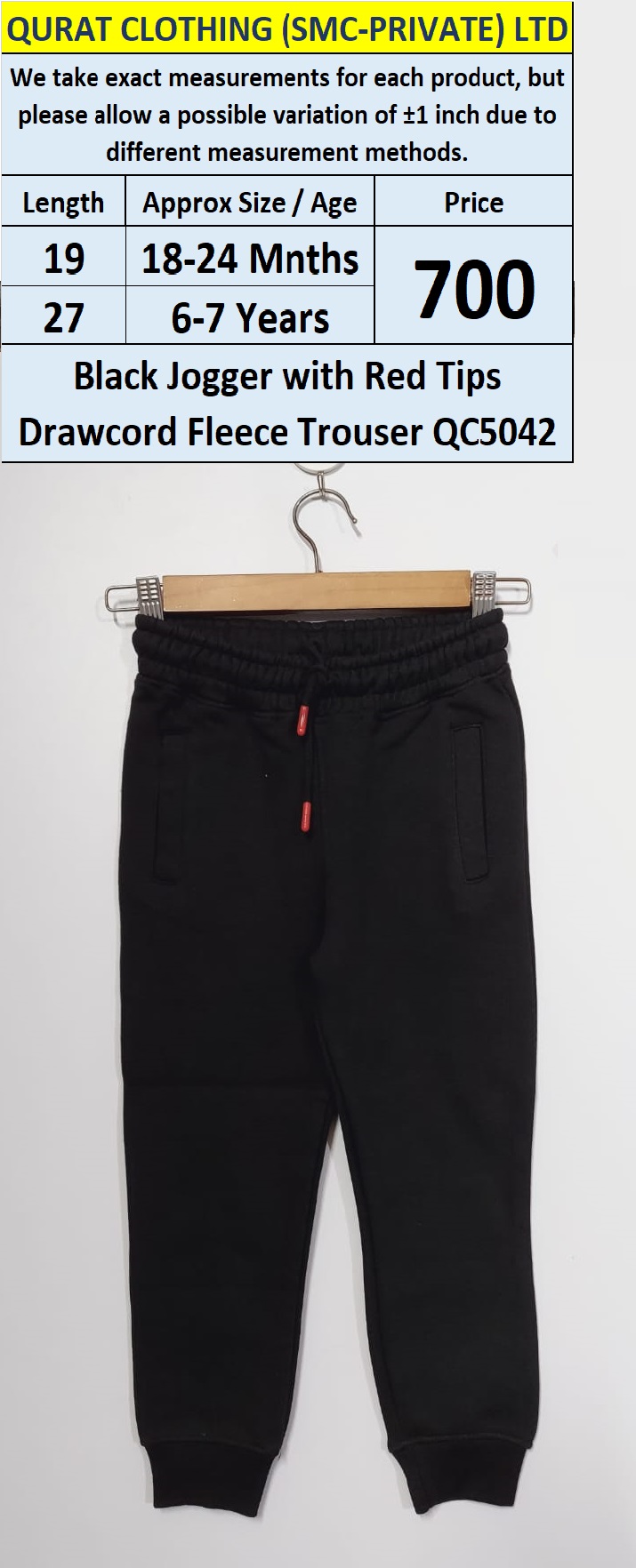 Black Fleece Trouser with Red Tip Drawcord QC5042