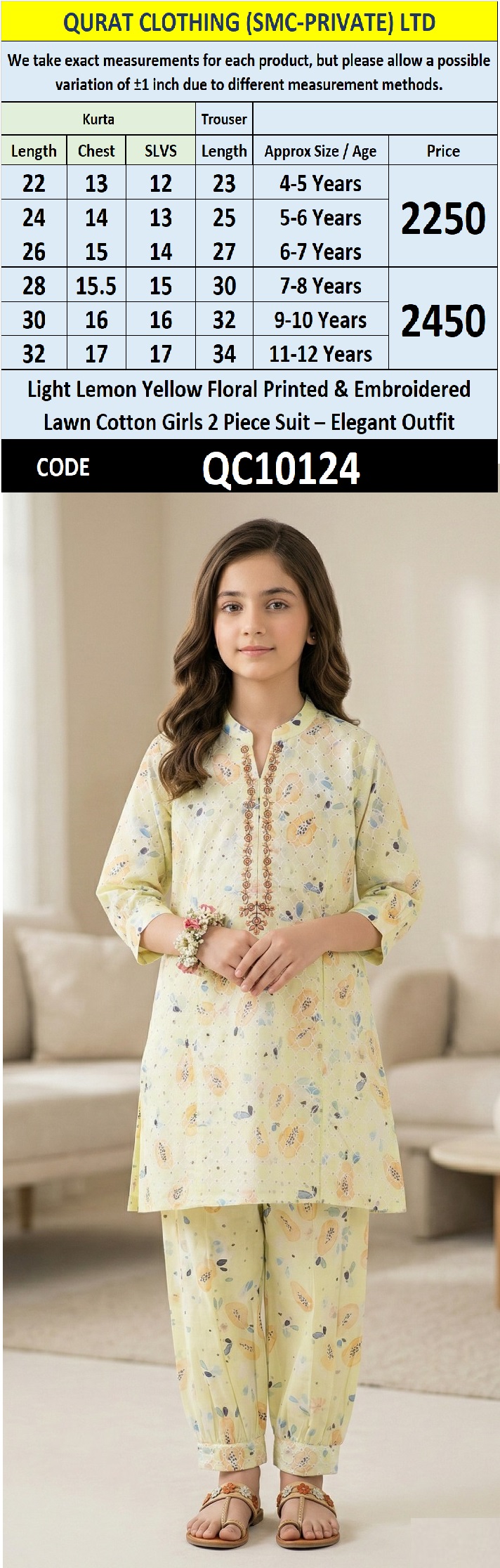 Light Lemon Yellow Floral Printed & Embroidered Lawn Cotton Girls 2 Piece Suit – Elegant Outfit QC10124 - QC10124