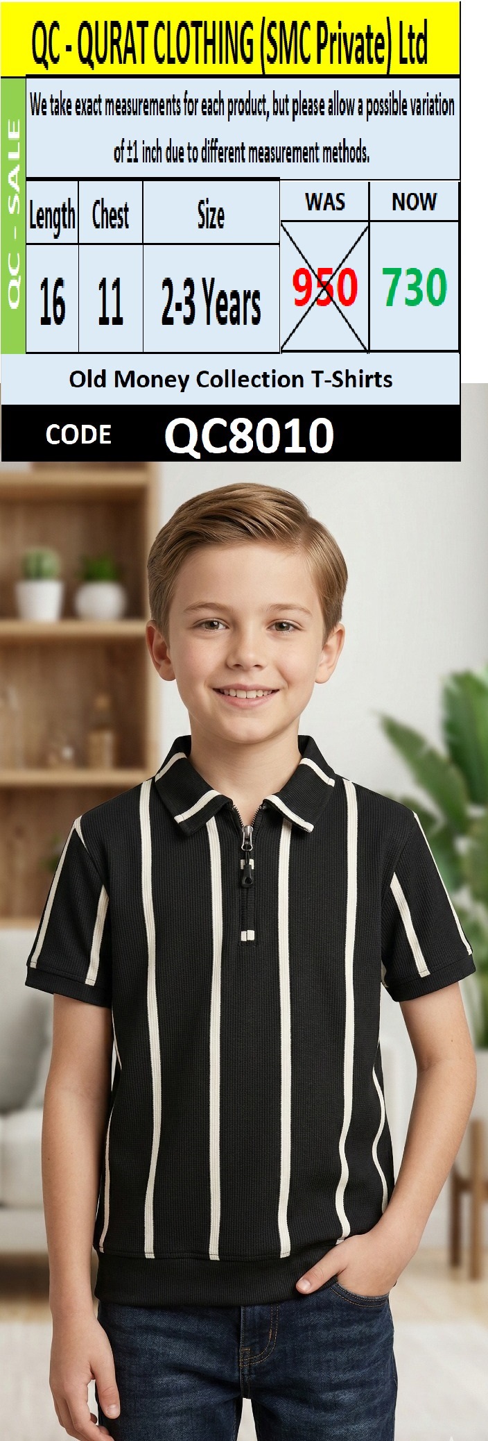 Old Money Black Ribbed Half-Zip Polo T-Shirt with Vertical Cream Stripe Design QC8010