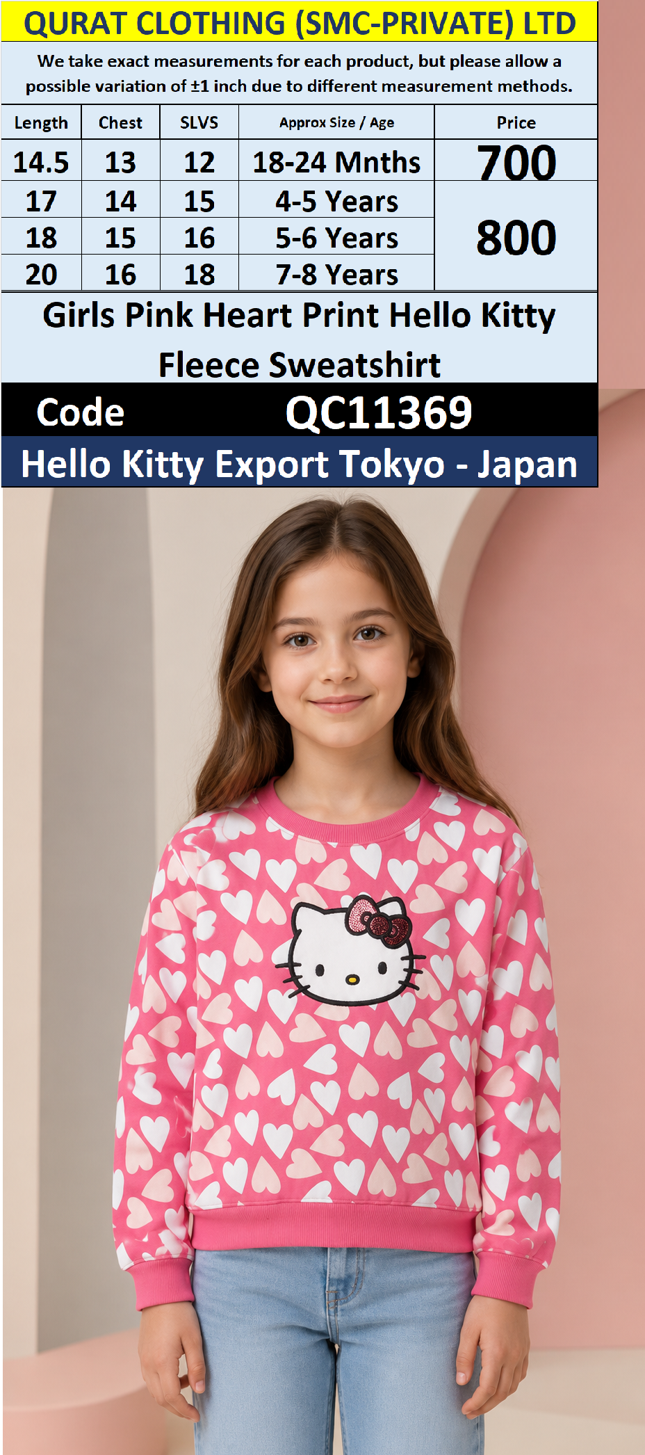 Girls Pink Heart Print Hello Kitty Fleece Sweatshirt QC11369