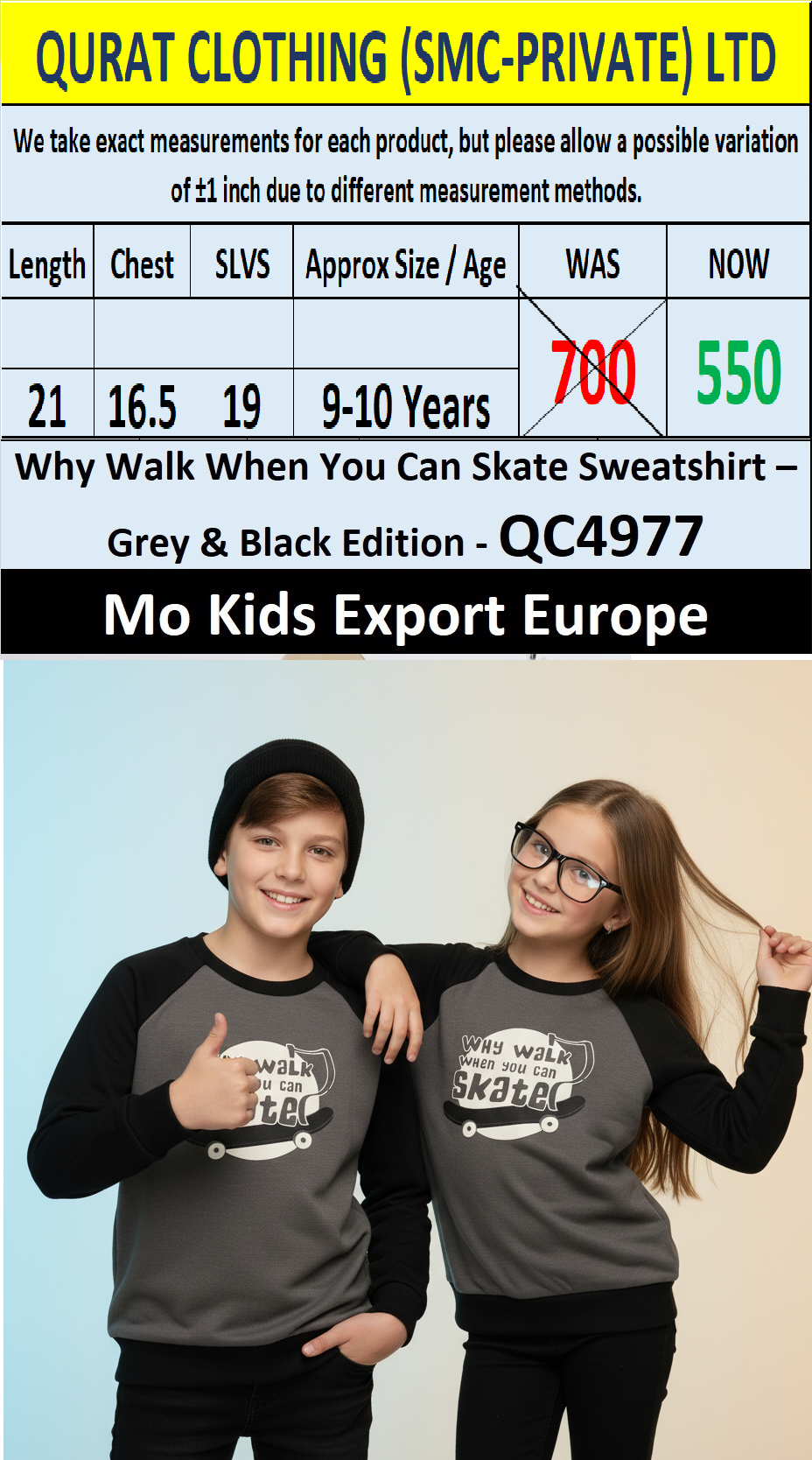 Mo Kids “Why Walk When You Can Skate” Fleece Sweatshirt QC4977 – Grey & Black Edition – Export Europe