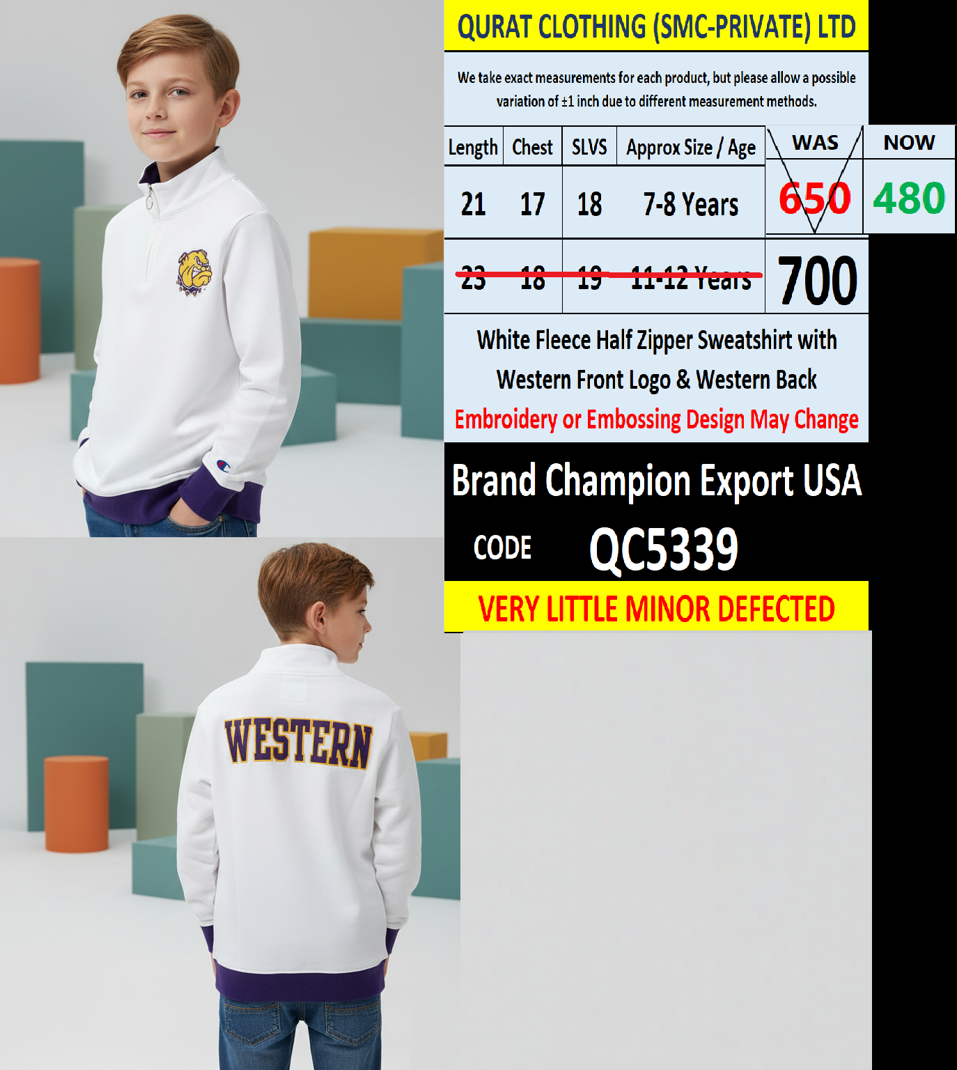 Champion Kids White Fleece Half Zipper Sweatshirt Western Front Logo Western Back Embroidery Export USA QC5339