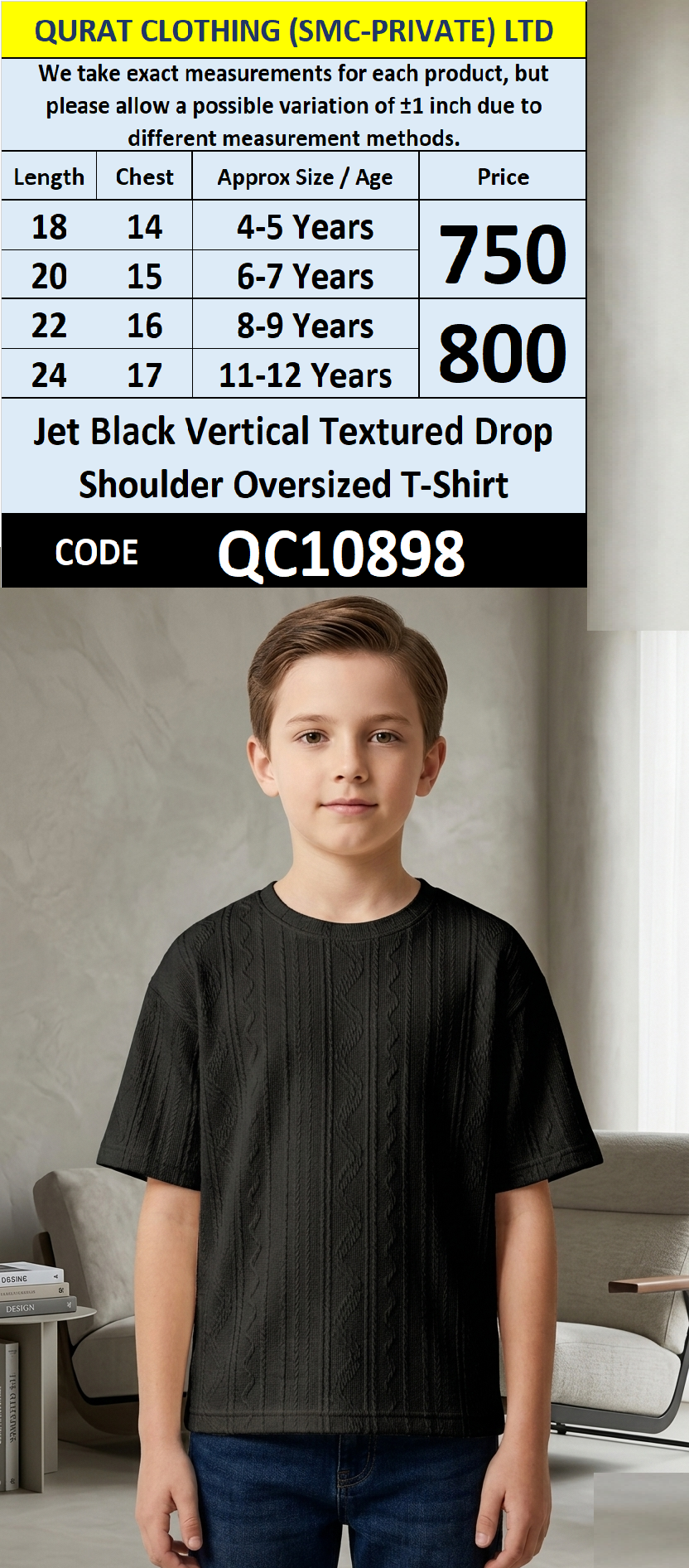 Jet Black Vertical Textured Drop Shoulder Oversized T-Shirt QC10898