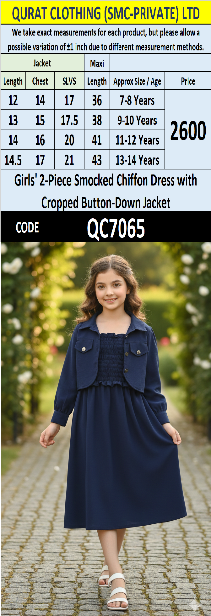 Girls Navy Blue Smocked Chiffon Maxi Dress with Cropped Button-Down Jacket – 2 Piece Formal Set QC7065 - QC7065