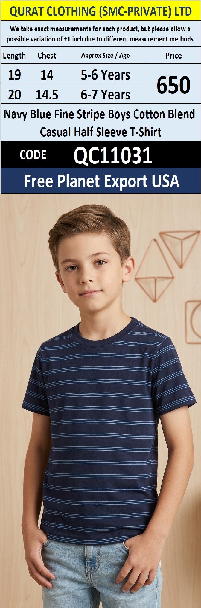 Navy Blue Fine Stripe Boys Cotton Blend Half Sleeve T-Shirt – QC11031 – Free Planet Export USA