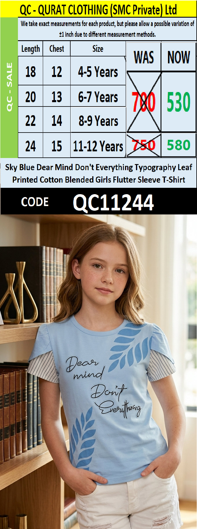 Sky Blue Dear Mind Don't Everything Typography Leaf Printed Cotton Blended Girls Flutter Sleeve T-Shirt QC11244