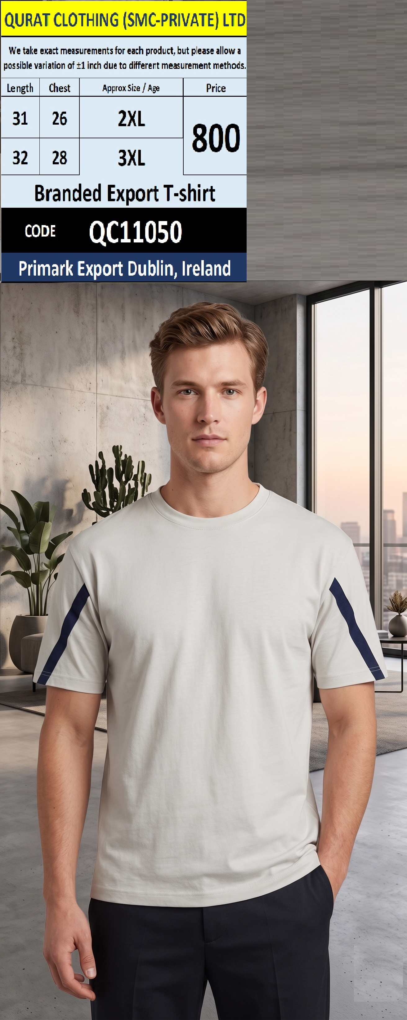 White Plain Branded Export Drop Shoulder T-Shirt QC11050 – Primark Export Dublin, Ireland