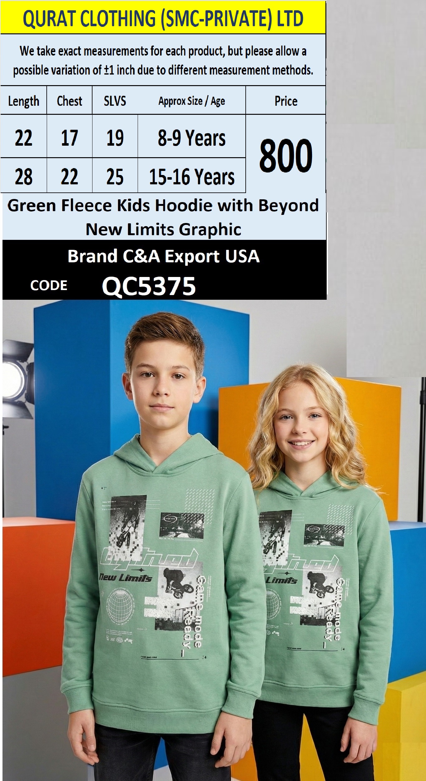 Green Fleece Kids Hoodie Beyond New Limits Graphic QC5375 | C&A Export USA