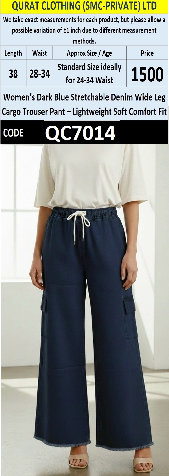 Women’s Dark Blue Stretchable Denim Wide Leg Cargo Trouser – Lightweight Soft Comfort Fit QC7014 - QC7014