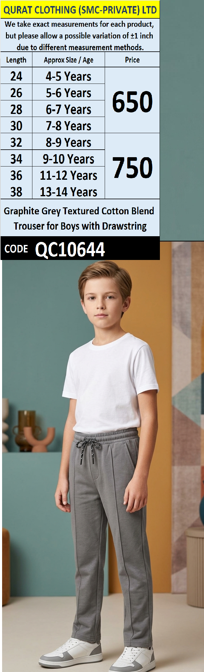 Graphite Grey Textured Cotton Blend Trouser for Boys with Drawstring c