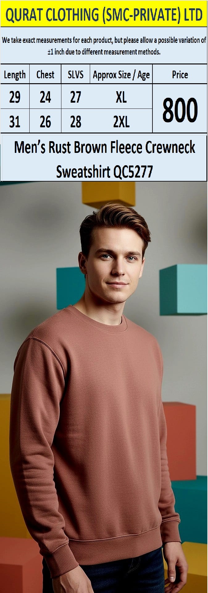 Men’s Rust Brown Fleece Crewneck Sweatshirt QC5277 – Premium Export Surplus