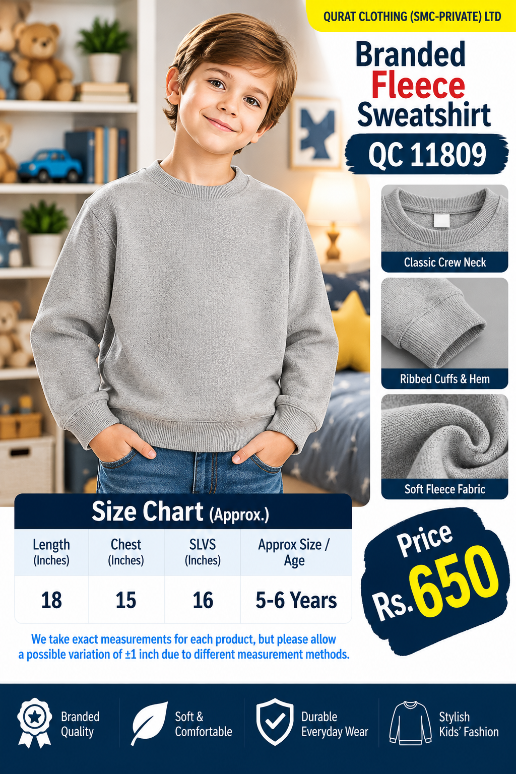 Branded Kids’ Light Grey Plain Fleece Sweatshirt — QC11809
