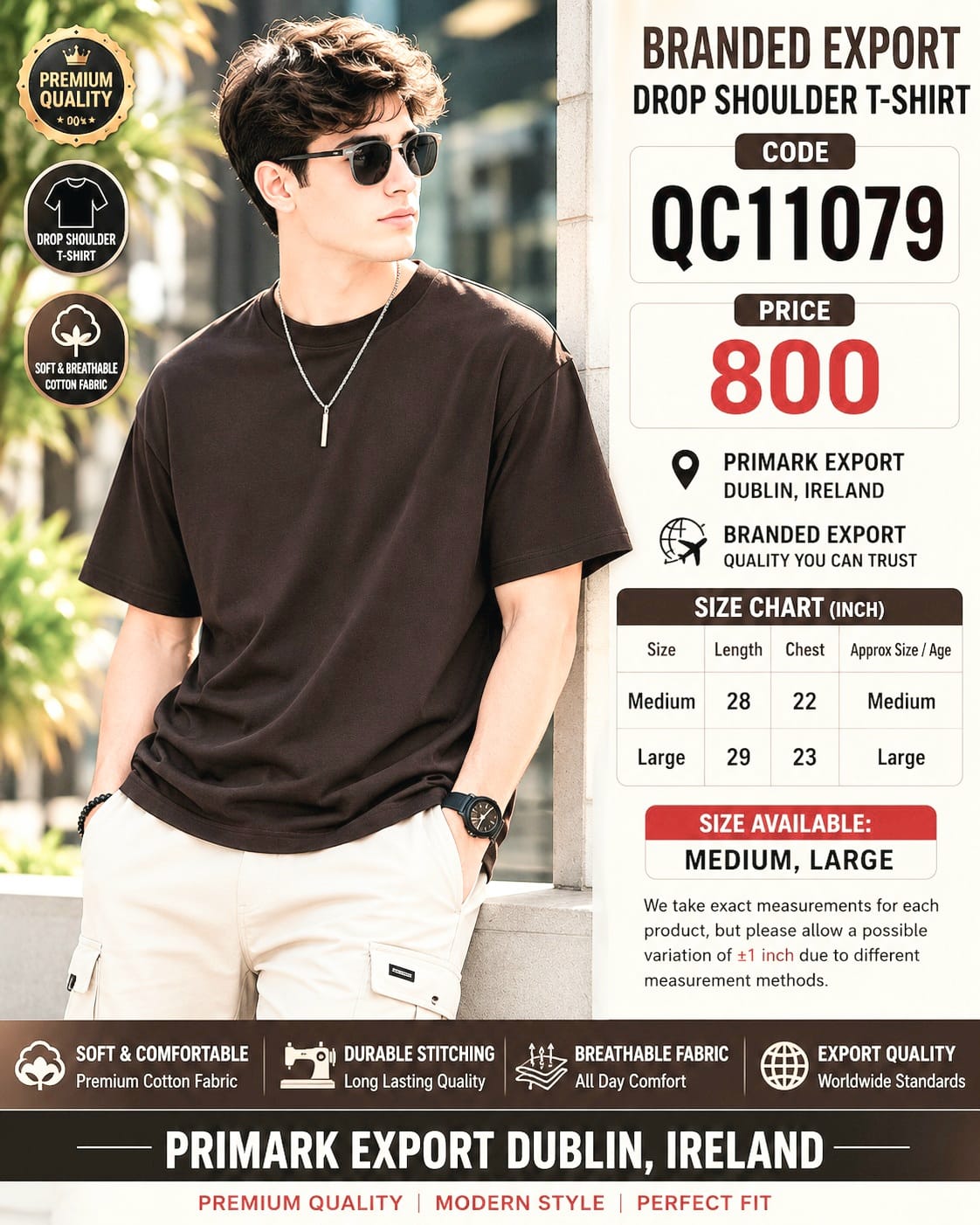 Dark Brown Plain Branded Export Drop Shoulder T-Shirt QC11079 – Primark Export Dublin Ireland