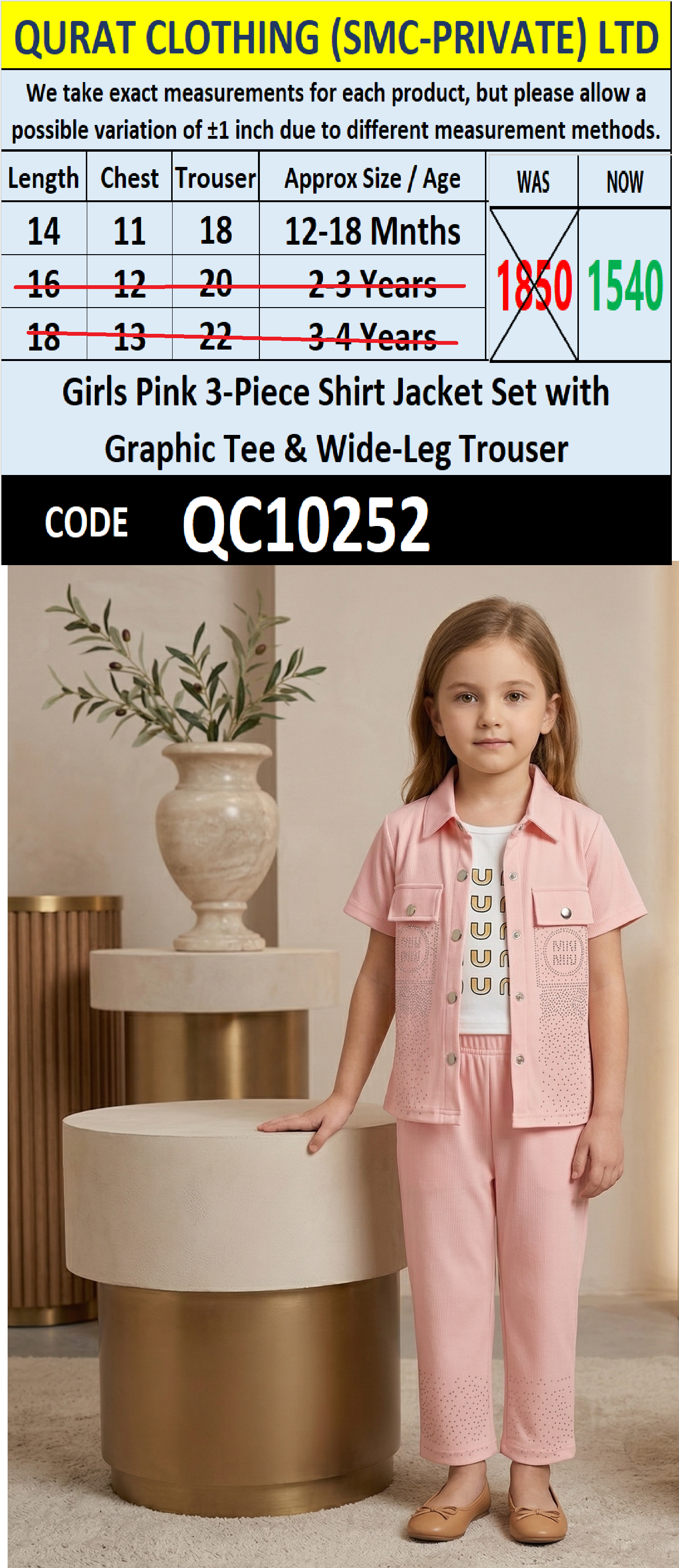 Girls Pink 3-Piece Shirt Jacket Set with Graphic Tee & Wide-Leg Trouser – QC10252 - QC10252