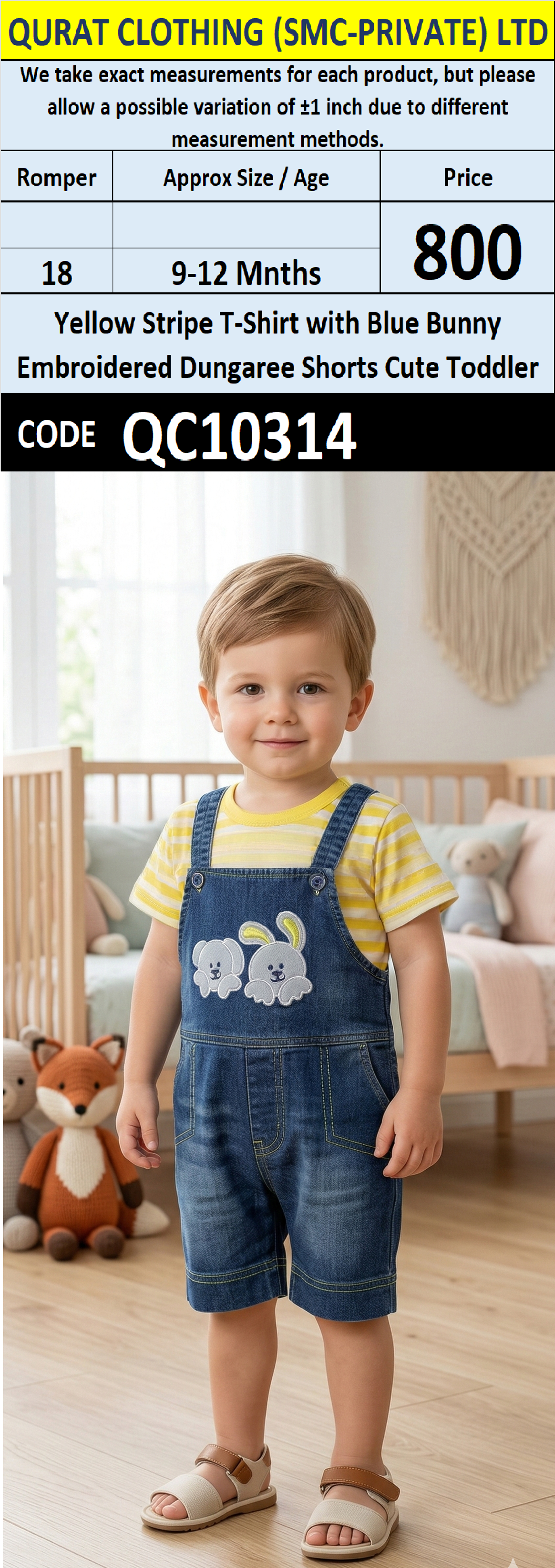 Yellow Stripe T-Shirt with Blue Bunny Embroidered Dungaree Shorts Cute Toddler – QC10314