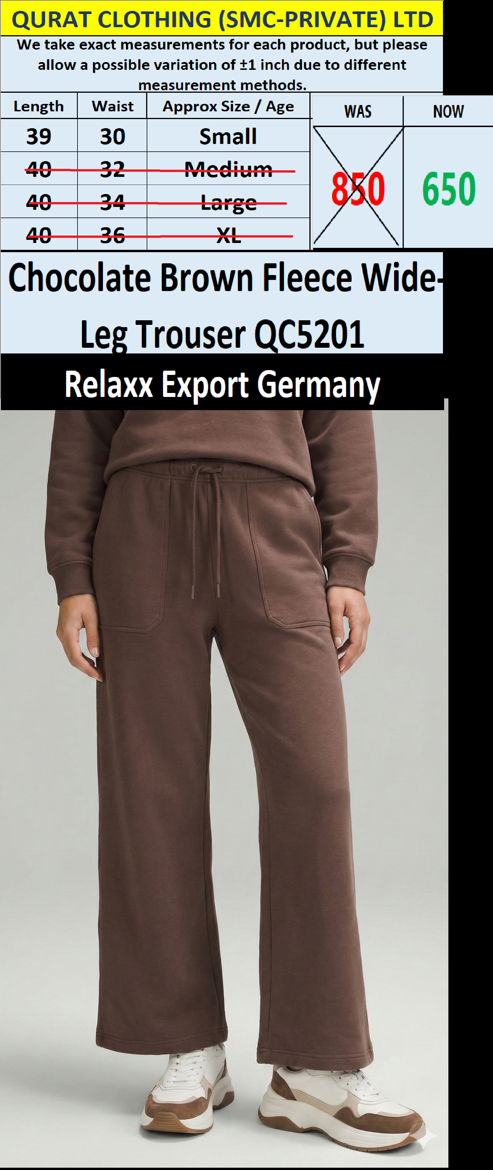 Relaxx Chocolate Brown Fleece Wide-Leg Trouser QC5201 – Export Germany