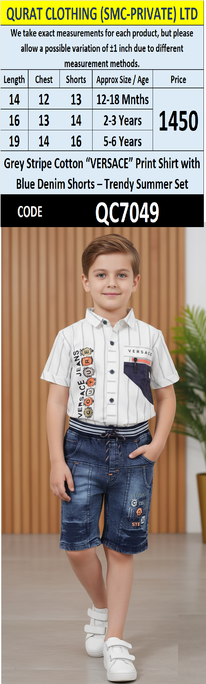 Grey Stripe Cotton “VERSACE” Print Shirt with Blue Denim Shorts Boys Summer Set QC7049 -  QC7049