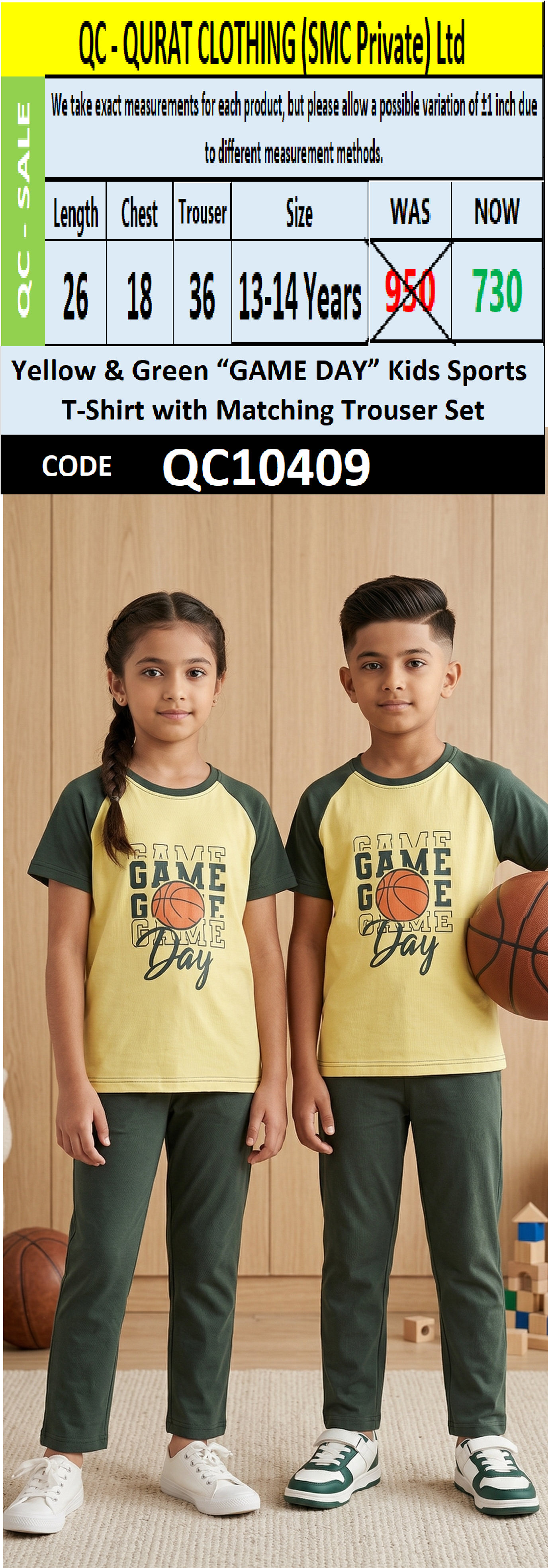 Yellow & Green “GAME DAY” Kids Sports T-Shirt with Matching Trouser Set QC10409