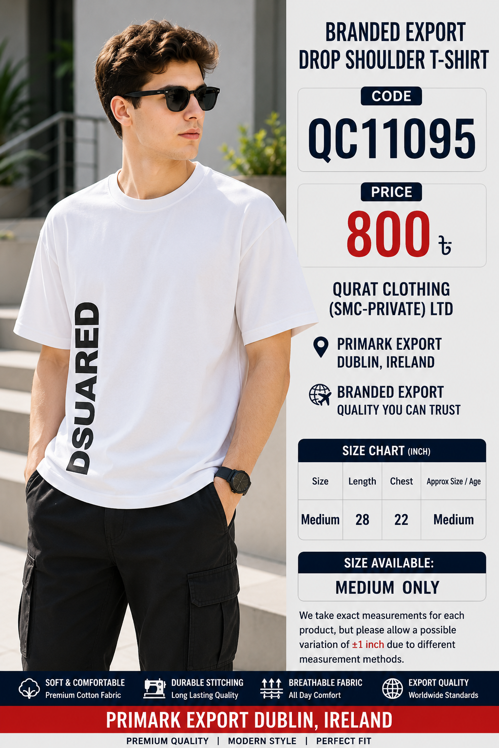 White DSUARED Vertical Print Branded Export Drop Shoulder T-Shirt QC11095 – Primark Export Dublin Ireland