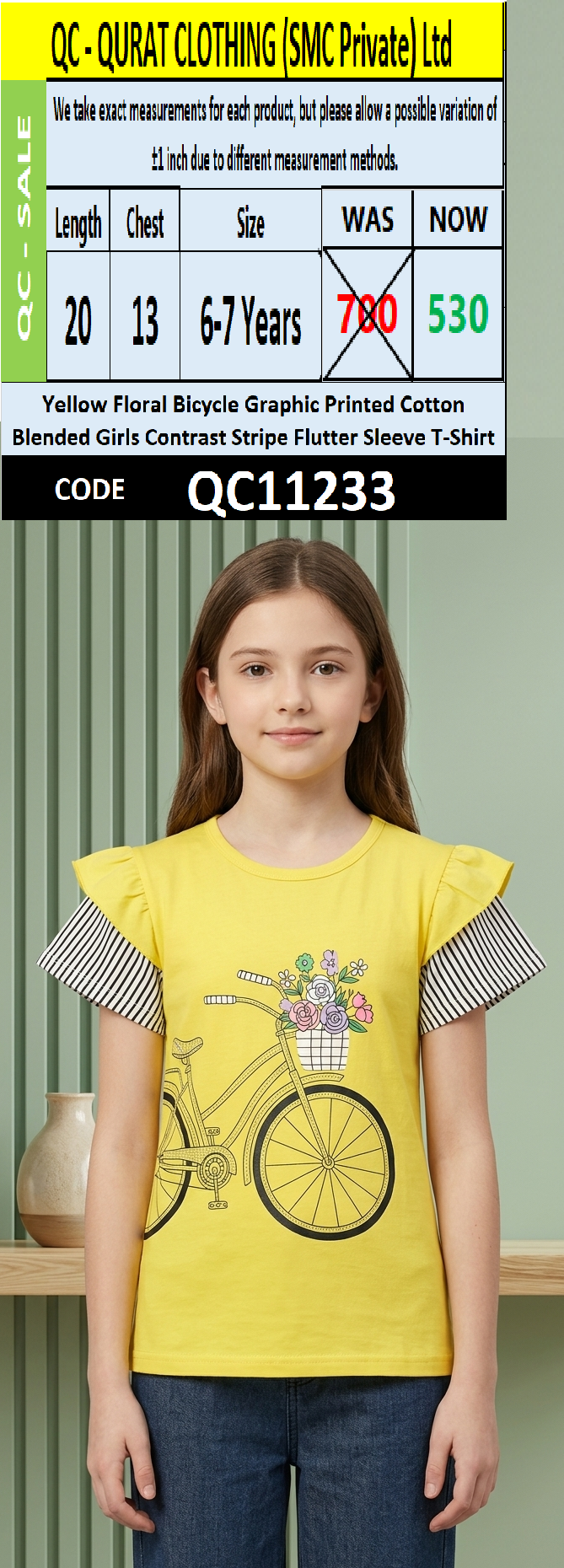 Yellow Floral Bicycle Graphic Printed Cotton Blended Girls Contrast Stripe Flutter Sleeve T-Shirt QC11233