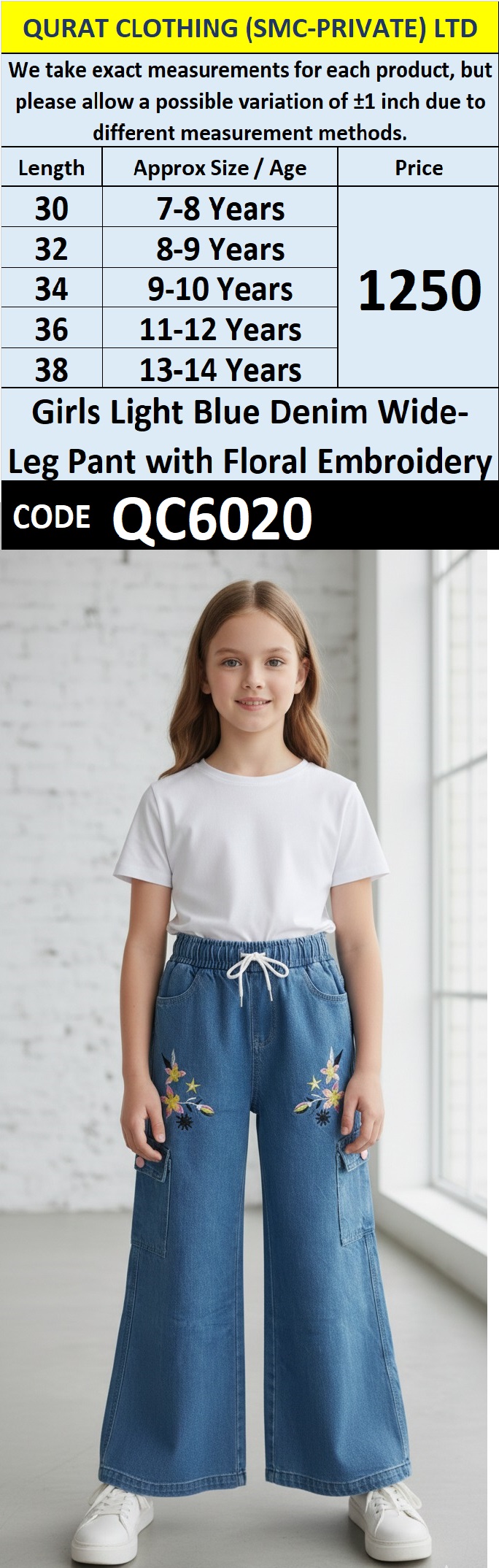 Girls Light Blue Denim Wide-Leg Pant Floral Embroidery – QC6020