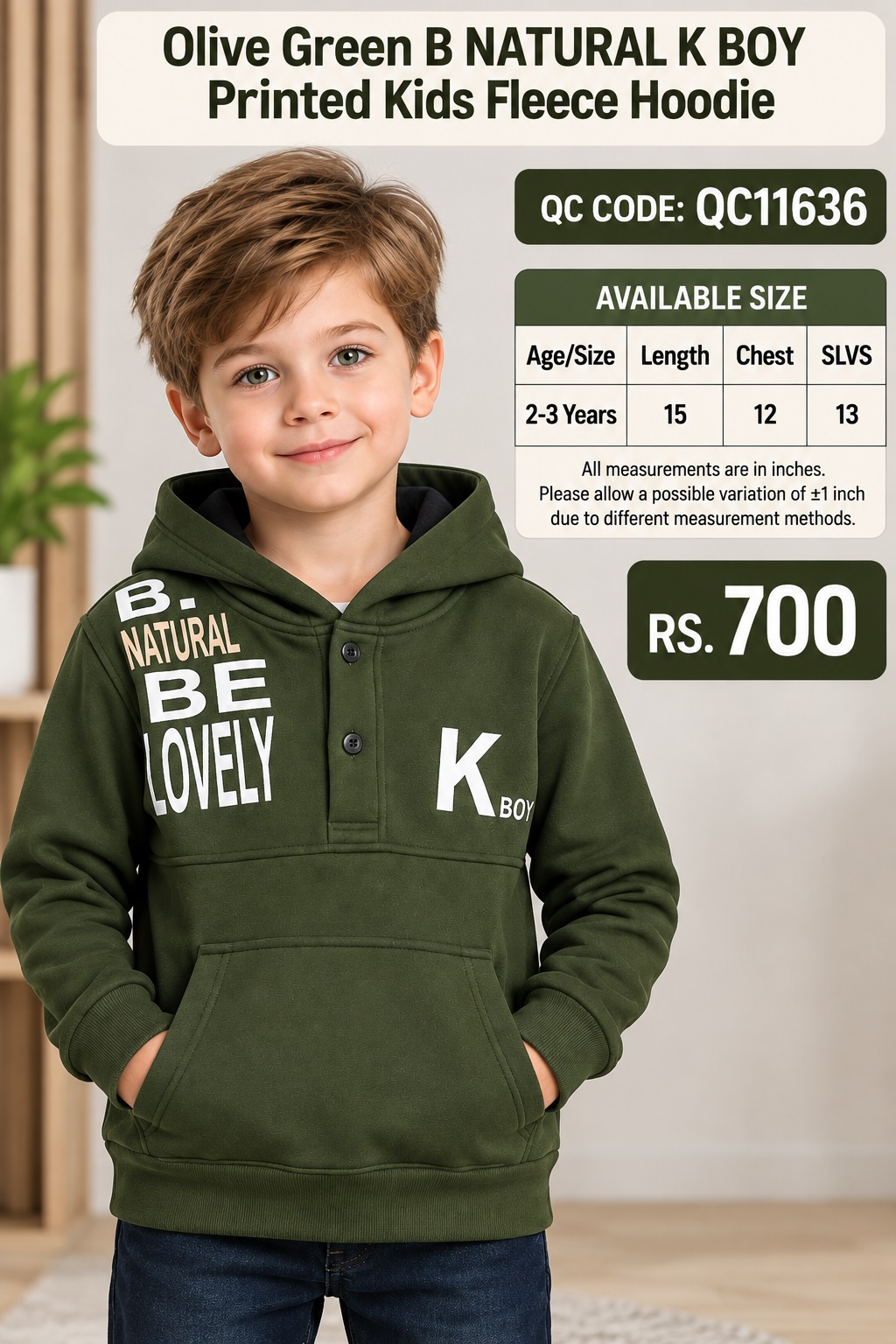 Olive Green B NATURAL K BOY Printed Kids Fleece Hoodie – QC11636