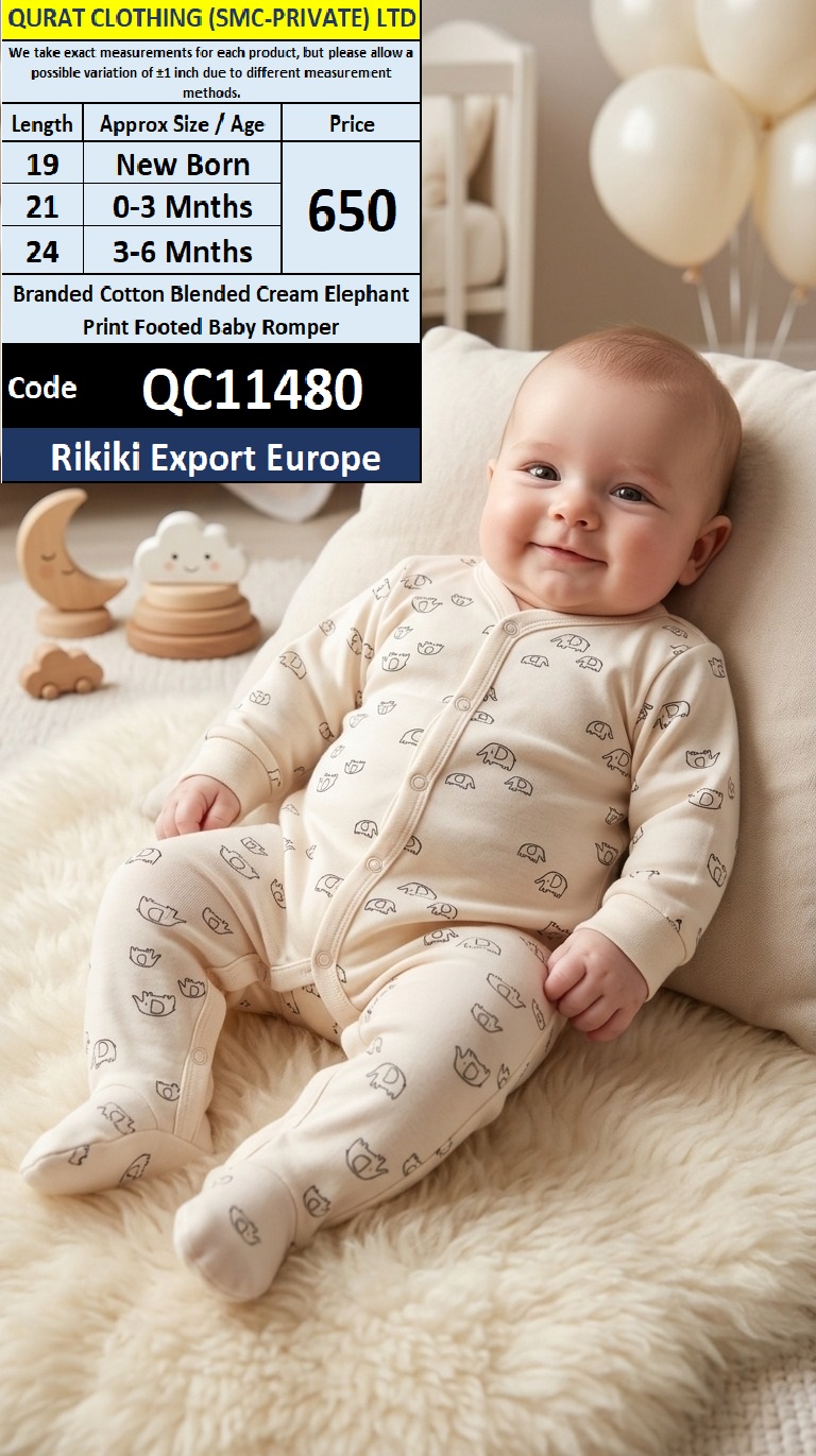 Rikiki Export Europe Branded Cotton Blended Cream Elephant Print Footed Baby Romper – QC11480