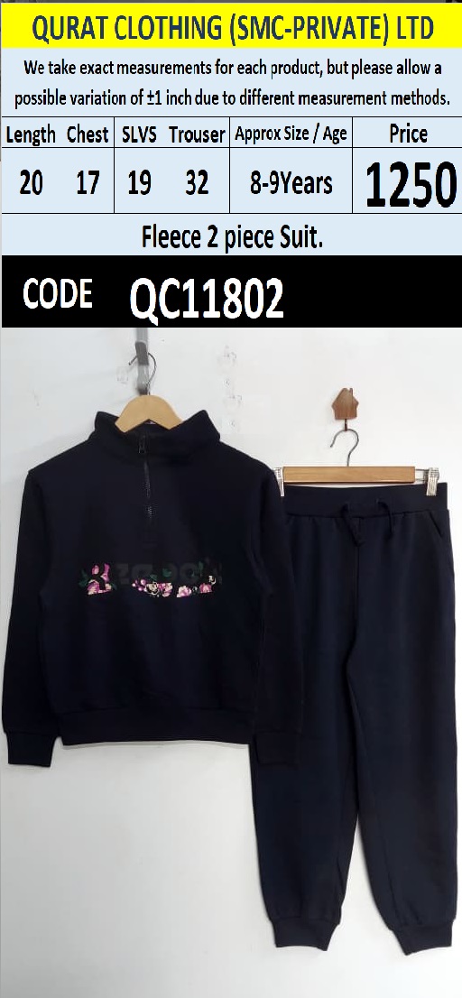 Navy Blue Fleece 2 Piece Suit with Floral Graphic and Quarter Zip — QC11802