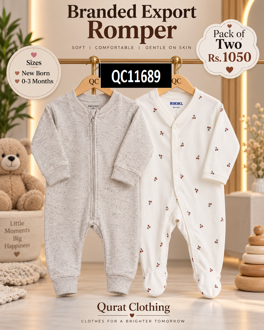 Branded Export Romper Pack of Two – Grey & White - QC11689
