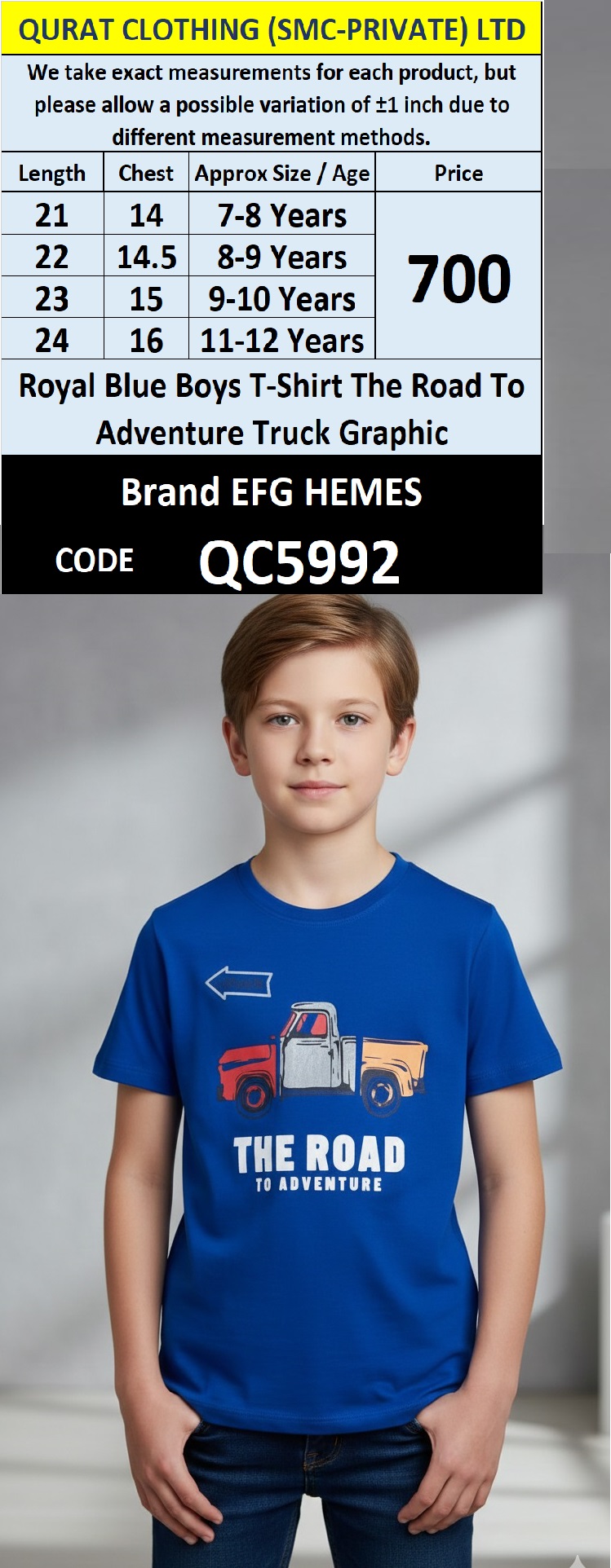 Royal Blue Cotton-Blend T-Shirt THE ROAD TO ADVENTURE Truck Graphic Print – Kids Tee – QC5992